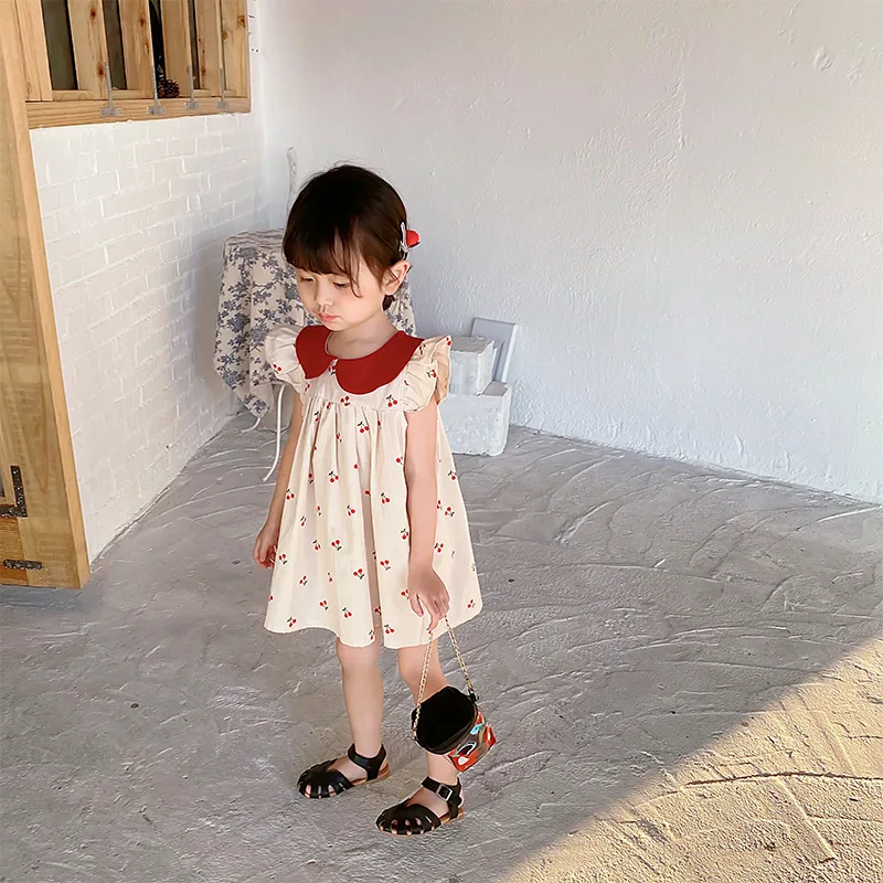 Cherry Print Girls Dress Toddler Kid Baby Clothes Ruffles Sleeveless Cotton Dresses Elegant Cute Sweet Sundress Outfit 1-7T girls dress
