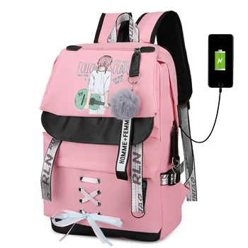 

Backpack Schoolbag for Girls USB Canvas Zipper Solid School Backpack for Teenage Girls Middle School College Student Large Pink
