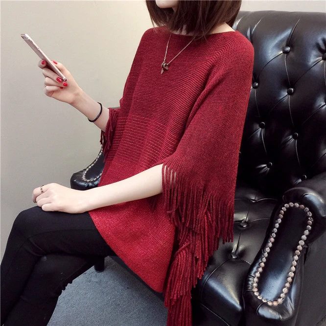 Spring Autumn New Women's Shawl Tassel Large Knitted Cloak Batman Blouse Air Conditioning Blouse Pullover Cloak