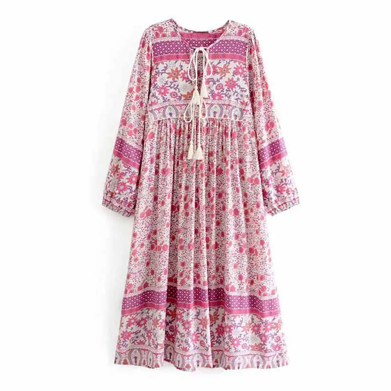 Богемный Вдохновленный летнее платье богемный цветочный принт длинный рукав кисточка длинные платья с v-образным вырезом Свободное платье для женщин Хиппи шик vestidos - Цвет: pink
