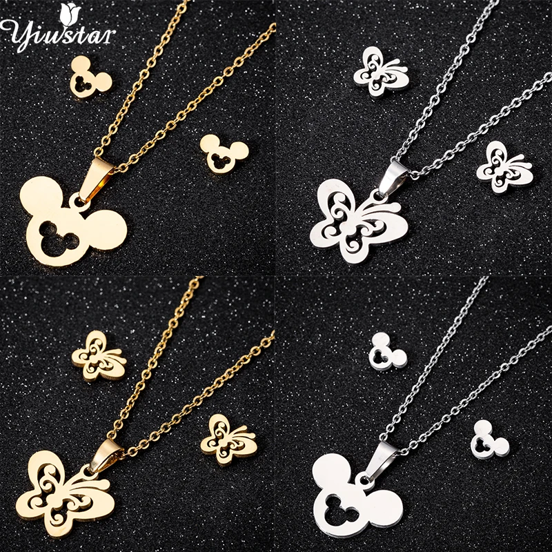 

Stainless Steel Female Mickey Necklaces Earrings Butterfly Necklace & Pendant Jewelry Set Gold Color Choker for Women