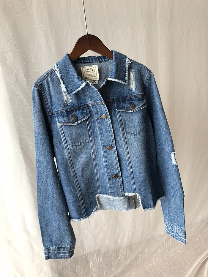 

Mf46 New Style Back Chinese-style Crane Embroidery Irregular Fringed Hem with Holes Jeans Coat Women's Versatile