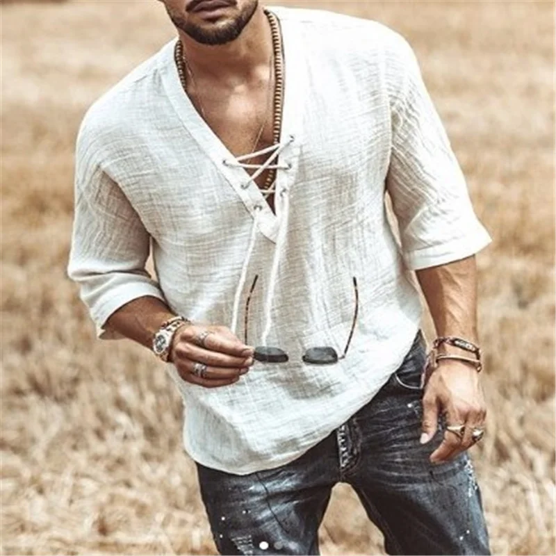 

Men's Fashion Hippie Linen Shirt Casual Middle Sleeve V Neck Summer Beach Loose Tee Tops Solid Color T shirts 2021 New