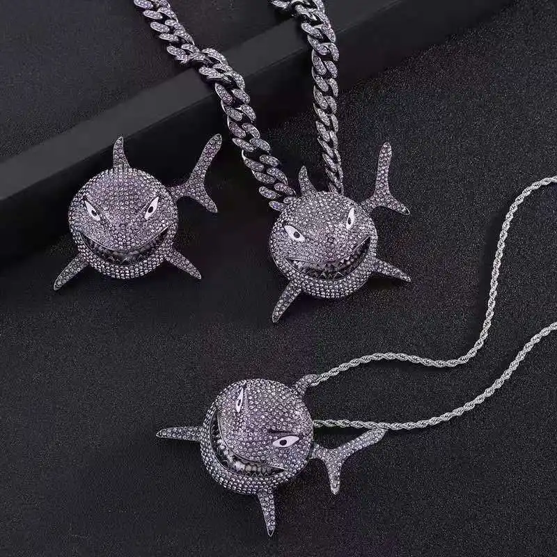Rock Hip Hop 12mm Cuban Chain Shark Pendant Mens Necklace Iced Out Watch Rhinestone Rapper Chain CZ Bling for Men Jewelry Gifts