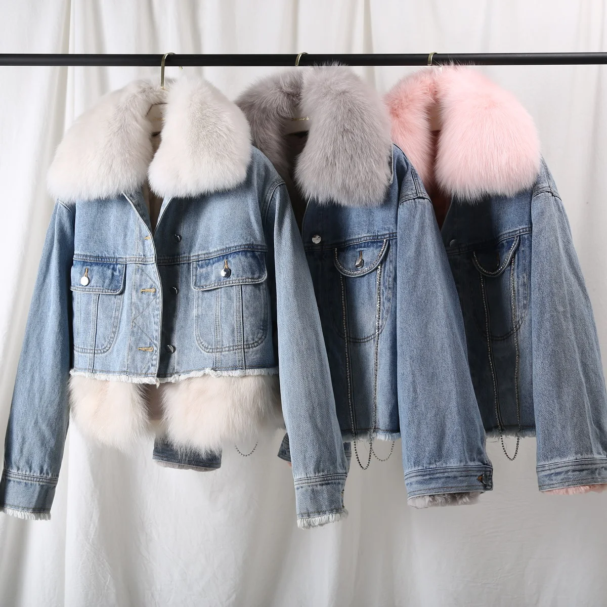 Very best  2019 Winter Jacket Women Casual Real Rex Rabbit Fur Liner Denim Coat Thick Warm Natural Fox Fur Col
