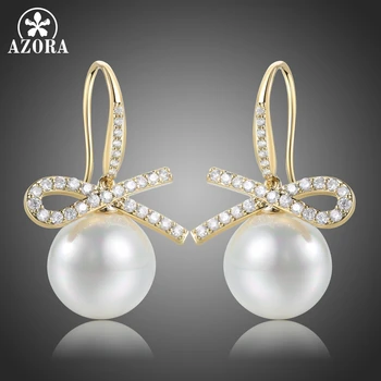 

AZORA Bowknot Pearl Dangle Drop Earring for Women Wedding Banquet Clear Cubic Zirconia Bridal Water Drop Fashion Jewelry TE0400