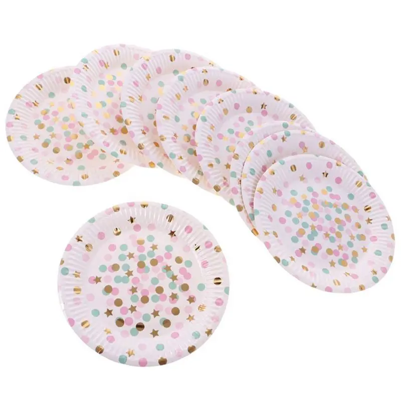 Hot Disposable Tableware Set 20pcs Plates Round+20pcs Cupboard Carton Multicolored Round Dot Pattern for Anniversary