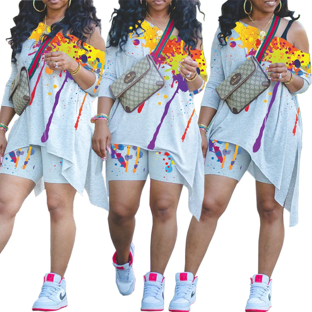 ChocoMist  Two Piece Street Splash Ink Print Asymmetrical Solid Two Piece Shorts Set crop top and skirt set