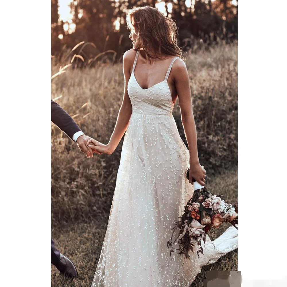 2019 Bohemian Wave Wedding Dresses Spaghetti Neckline Backless Beach Bridal Gowns Tulle Country Wedding Dress Vestido De Novia