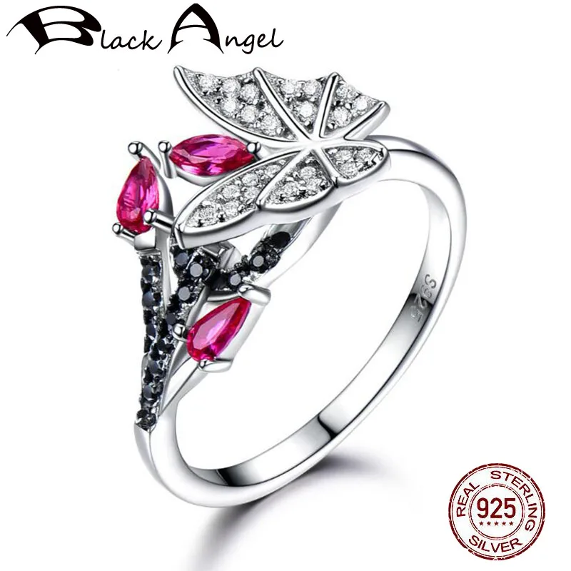 

925 Sterling Silver Unique Delicate Natural Black Spinel Butterfly Rings For Women Created Nano Ruby Gemstone Ring Fine Jewelry