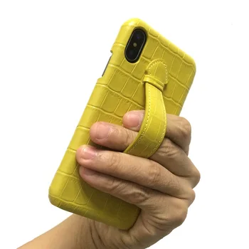 

Genuine Leather Hand Strap Holder Phone Cases For iPhone X XS Max 7 8 Plus Luxury Crocodile Thin Slim Back Cover Cases Yellow
