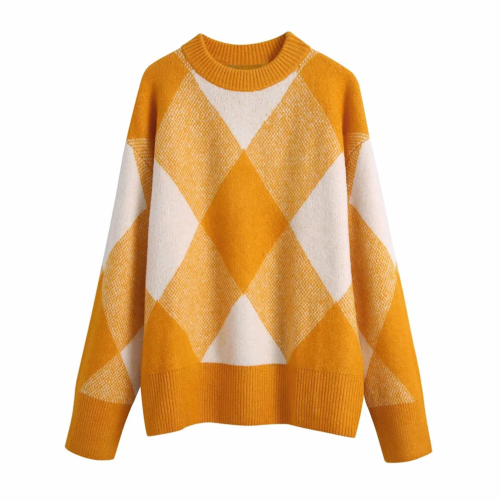 black sweater KPYTOMOA Women  Fashion Argyle Jacquard Knitted Sweater Vintage Long Sleeve Loose Female Pullovers Chic Tops pullover sweater