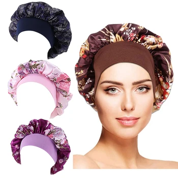 Printing Satin Bonnet For Women Elastic Wide Band Night Sleep Satin Hat Chemo Caps Hair Loss Cover Fashion Head Wrap Hair Care 1