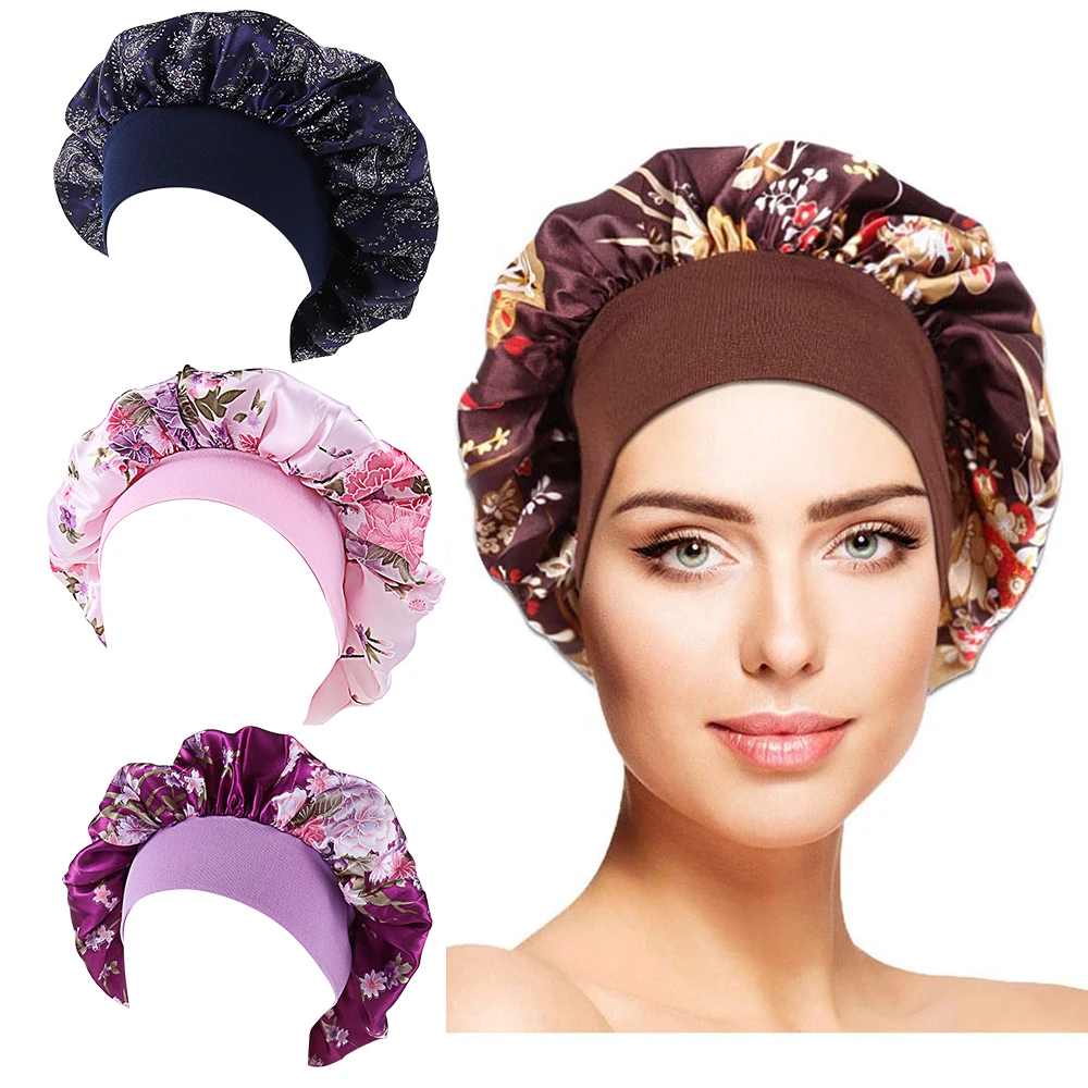 HZUX Women Casual Silky Turbans Bonnet Elastic Wide Band Floral Printing Hat Chemo Hair Loss Cap