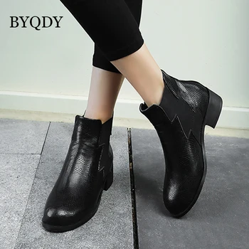 

BYQDY New Fashion Chunky Low Heels Round Toe Rubber Sole Slip On Short Ankle Boots Woman Autumn Winter Shoes Big Size 34-43