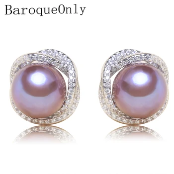 

BaroqueOnly 100% Genuine Freshwater Pearl zircon surround purple 925 sterling Silver Stud Earrings Fashion Jewelry for Women EBH