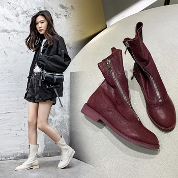 

INS hot Women ankle BootsSolid color sheepskin super soft booties 22-24.5 cm length wild Shoes Woman Increased Western boots