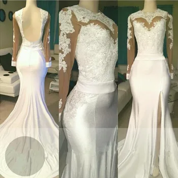 

African Black Girls Mermaid Long Sleeves Prom Dresses 2020 Custom Made Elastic Satin Lace Backless Real Photos Sexy Party Gowns