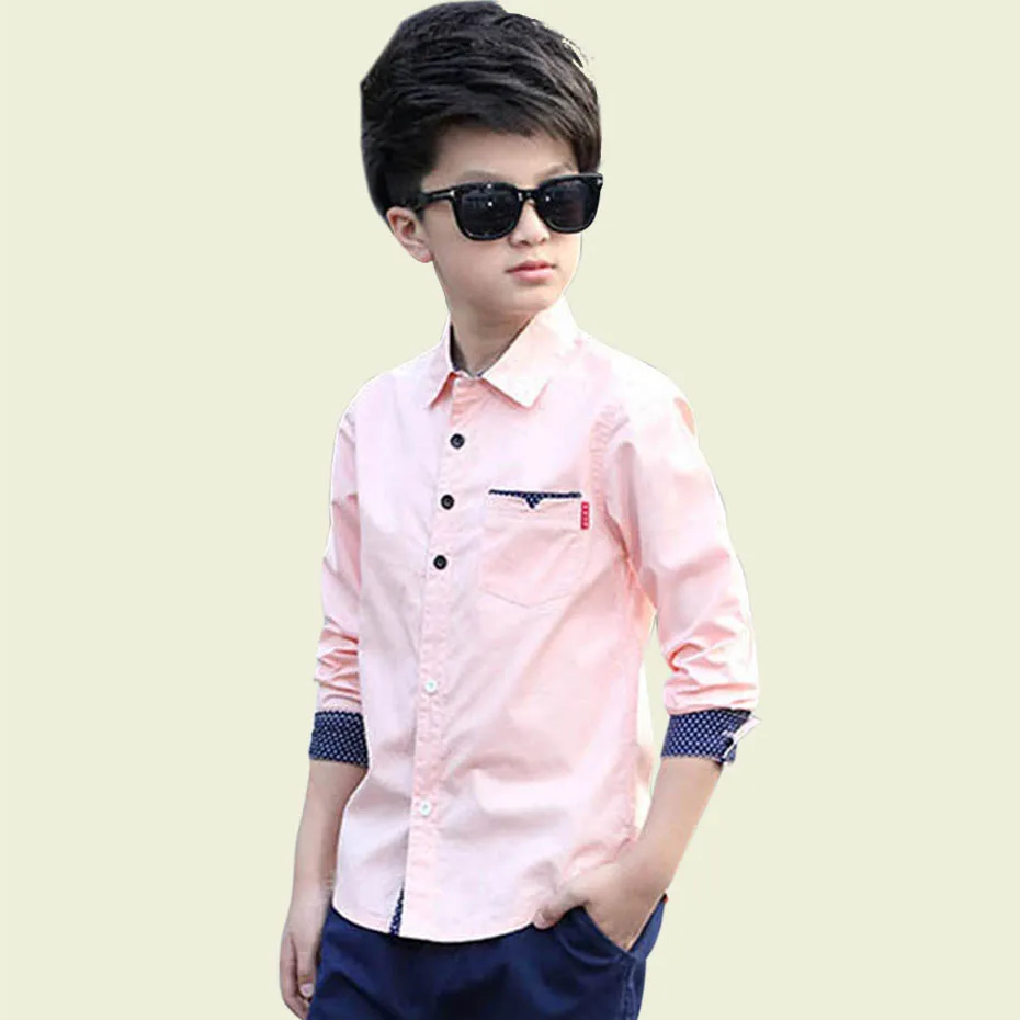 Shirt For Boy Dot Patchwork Boys Shirts Turn Down Collar Kids Blouse For Boys Autumn Korean School Clothes For Boys 6 8 10 12 14