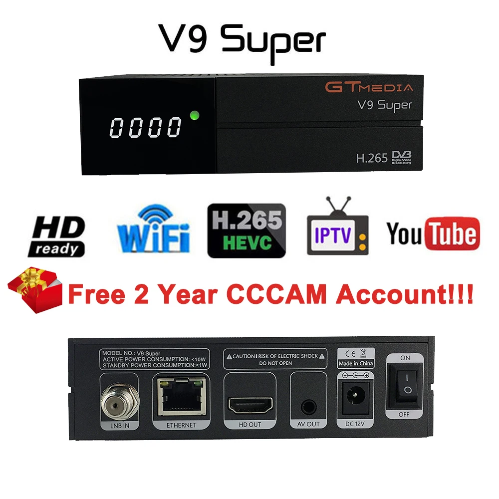 

GT Media V9 Super DVB-S2 Freesat Satellite Receiver V8 Super New Version H.265 WIFI+1Year Europe Spain PT DE PO Cline TV decoder