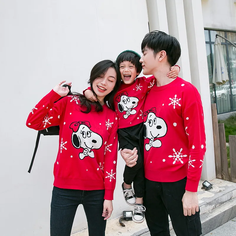

Christmas xmas snoopy red family matching mother father daughter son mom mommy me clothes knitwear sweaters couple outfits look