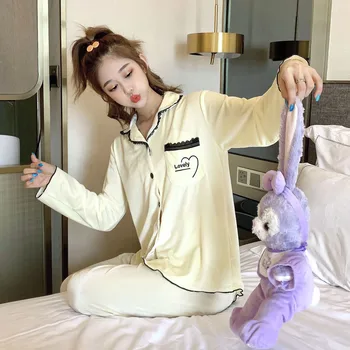 

XIZOU New Pajama Sets Women Sweet Girl Lounge Cute Sleepwear Long Sleeve Casual Nightwear Big Yards M-XL Female Pijamas