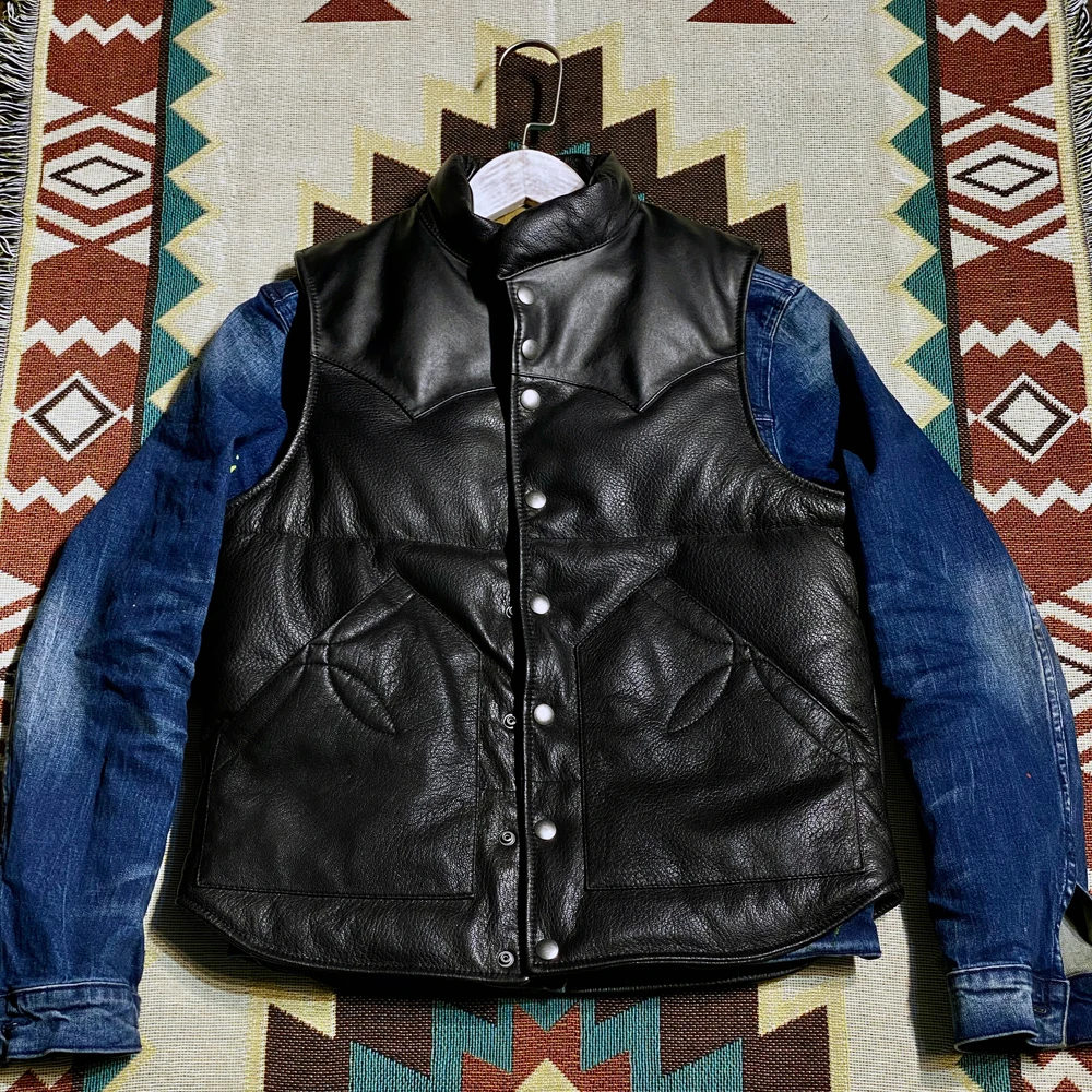 

YR!Free shipping.Men black genuine leather vest.90% white duck down vest.goatskin jacket.soft thin casual leather vest