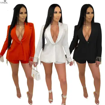

Tracksuit Women Set Full Sleeve Tassel Back Blazers Shorts Two Piece Set Suit Office Women Outfits Uniform Womens Tracksuit Sets