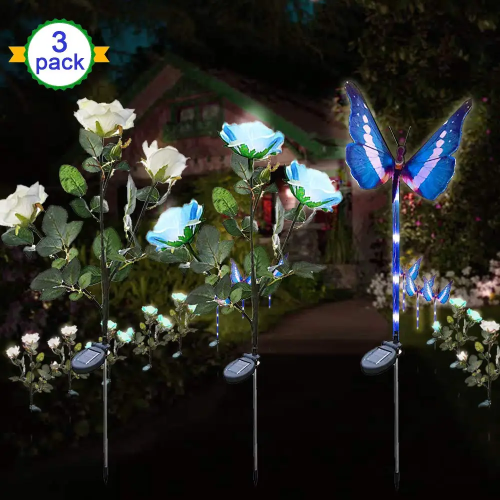 

Solar Garden Lights Outdoor Solar Lights Rose Flowers and Butterfly Multi-Color Changing LED Lights for Garden Path Landscape Pa