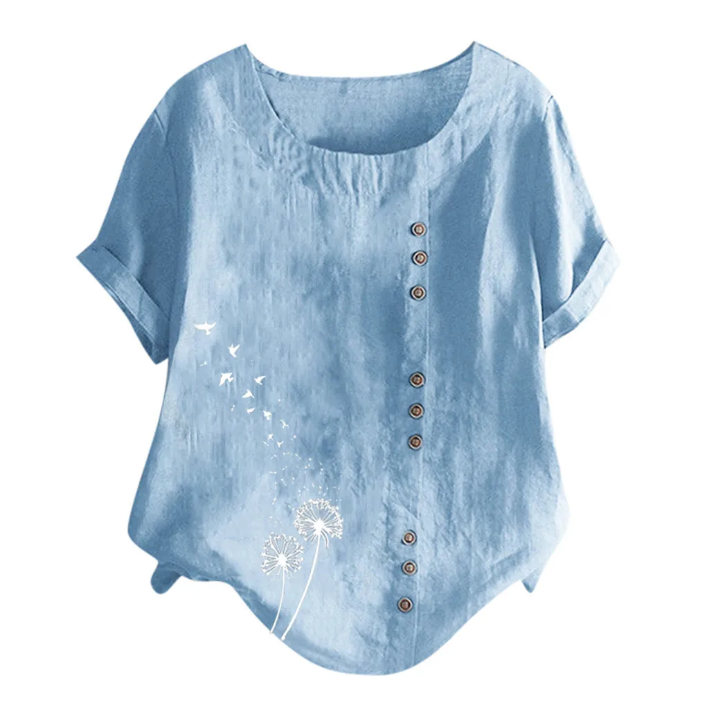 

Women Casual Plus Size O-Neck Printed Loose Button Tunic Shirt Blouse Tops