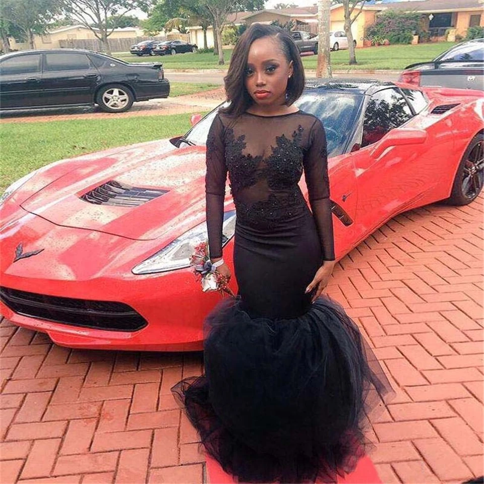

New Black Long Sleeve Evening Dresses Prom Party Gown Formal Gown Plus Size Mermaid Trumpet Bateau Applique Beaded Tulle Custom