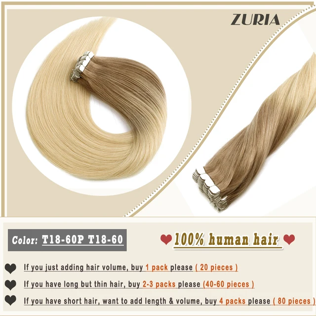 ZURIA Mini Tape In Hair Extensions Machine Remy Natural Hair Extensions Human Hair Straight 20 Inchs Seamless Adhesive Skin Weft T18-60T18-60