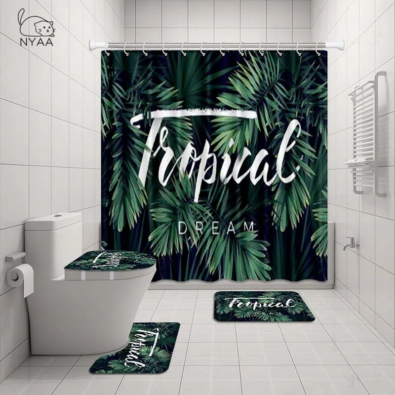 

NYAA 4 Pcs Tropical Design Shower Curtain Pedestal Rug Lid Toilet Cover Mat Bath Mat Set For Bathroom Decor