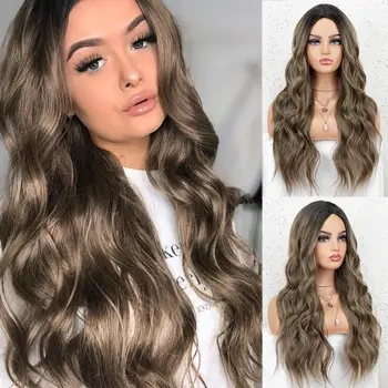 

Large Wig Free Shipping Ombre Brown Wig Machine Weft Made with Dark Roots Middle Parting Wavy Synthetic Wig High temperature