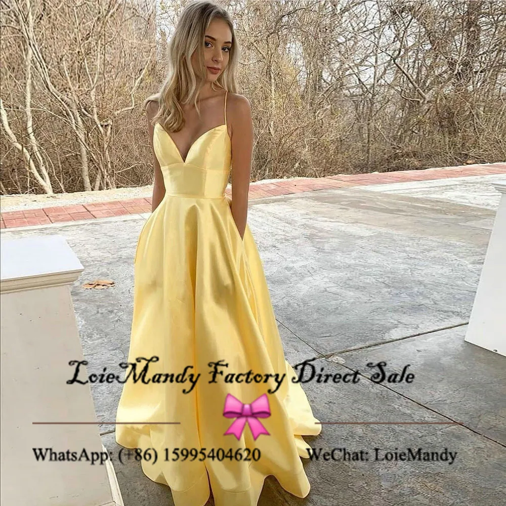 Light Yellow Prom Dresses With Pocket Long Floor Length Evening Celebrity  Dress Party Gown Sexy Cross Back Vestidos de fiesta - AliExpress