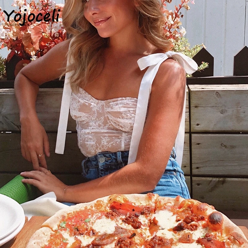 Yojoceli/ кружевные топы с бантом, женские укороченные топы на бретельках