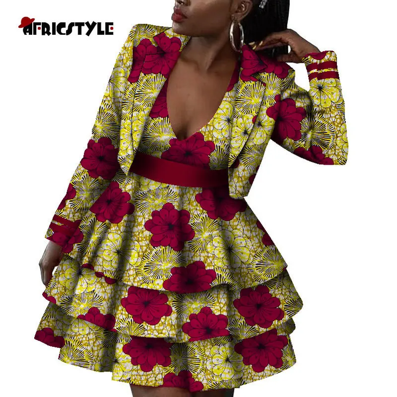 African Jacket and Dress 2-piece Set for Women Perfect Quality Print Plus Size Clothes WY8811 | Тематическая одежда и