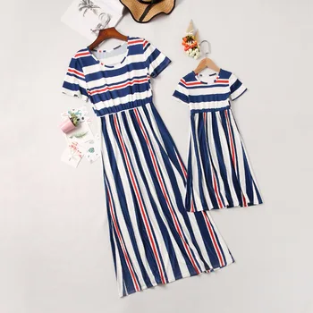 

New Mommy and Me Family Matching Mother Daughter Dresses Clothes Striped Mom Dress Kids Child Outfits Mum Sister Baby Girl