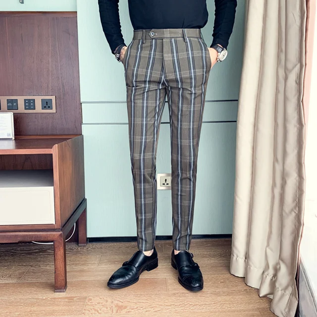 Черные, серые, зеленые клетчатые брюки для мужчин Slim Fit мужской костюм в полоску брюки Роскошные длиной до щиколотки Мужские модельные брюки формальные деловые P14 - Цвет: Зеленый