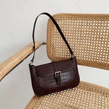 

French niche new female bag retro crocodile pattern Ken bean armpit bag baguette bag ins stylish one-shoulder cross bag