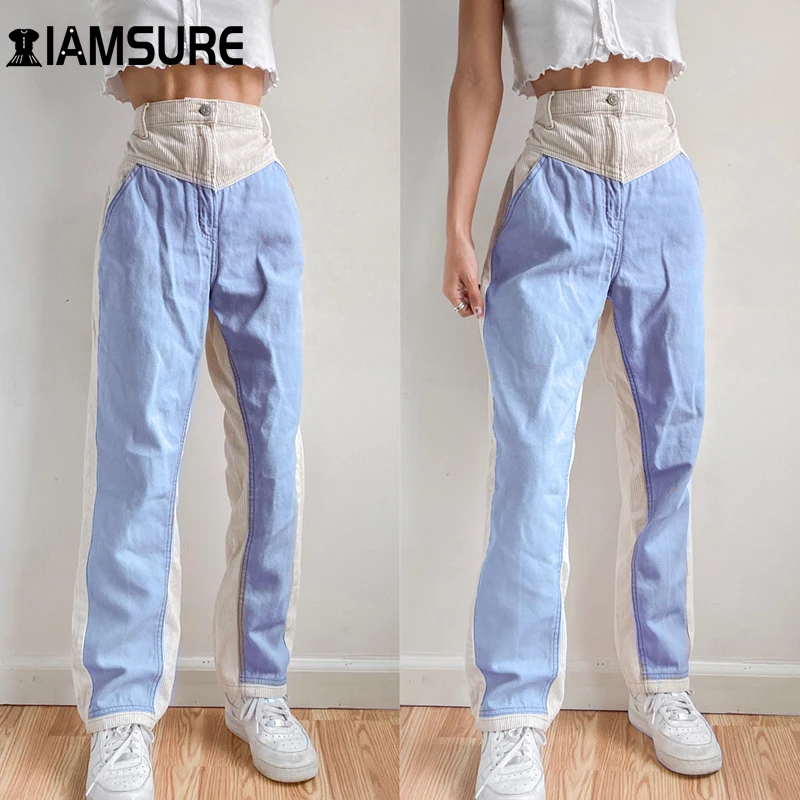 

IAMSURE Patchwork Corduroy Pants Warm Hight Waisted Trousers Casual Wide Leg Sweatpants Women Baggy Joggers Winter Streetwear