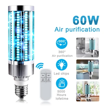 

Newest 60W UV Germicidal Light LED UVC Light Bulb Room E27 Lamp Remote Control Timing Killing 99% Air Mite 110V 220V