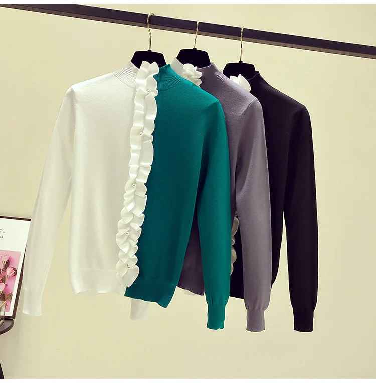 Высококачественные цвета, соответствующие водолазке Элегантный женский свитер с рюшами и отделкой из бисера Модные пуловеры Топы