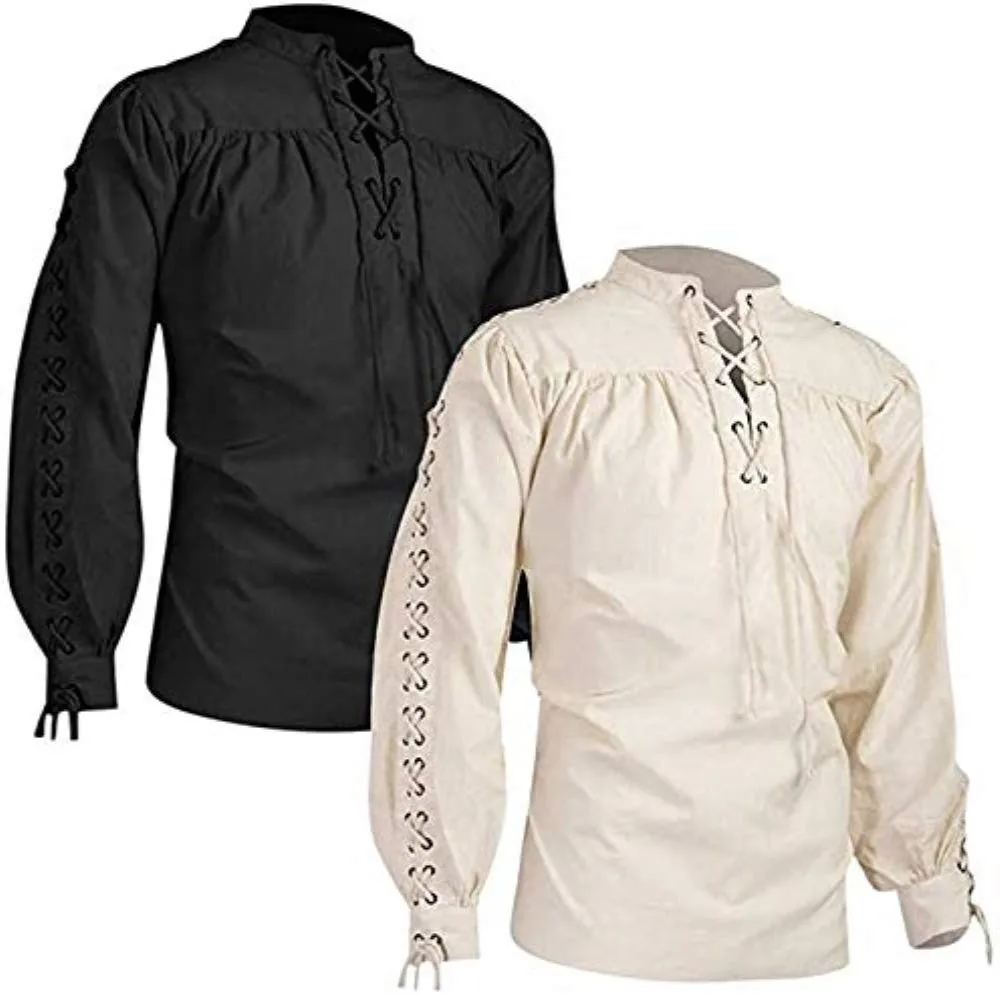 Long sleeve shirt men casual shirt Gothic Men Shirts Renaissance Long Sleeve Fashion Bandage Top Solid Thin Spring Bandage Long Sleeve Medieval Shirt Casual Shirt