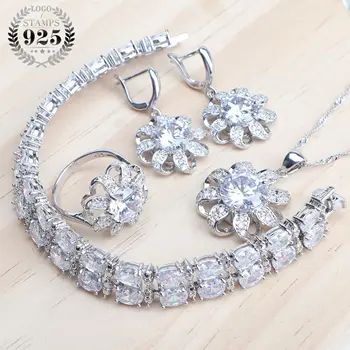 

925 Sterling Silver Jewelry Sets For Women Bridal White CZ Earrings Wedding Jewelry Charms Bracelet Rings Pendant Necklace Set