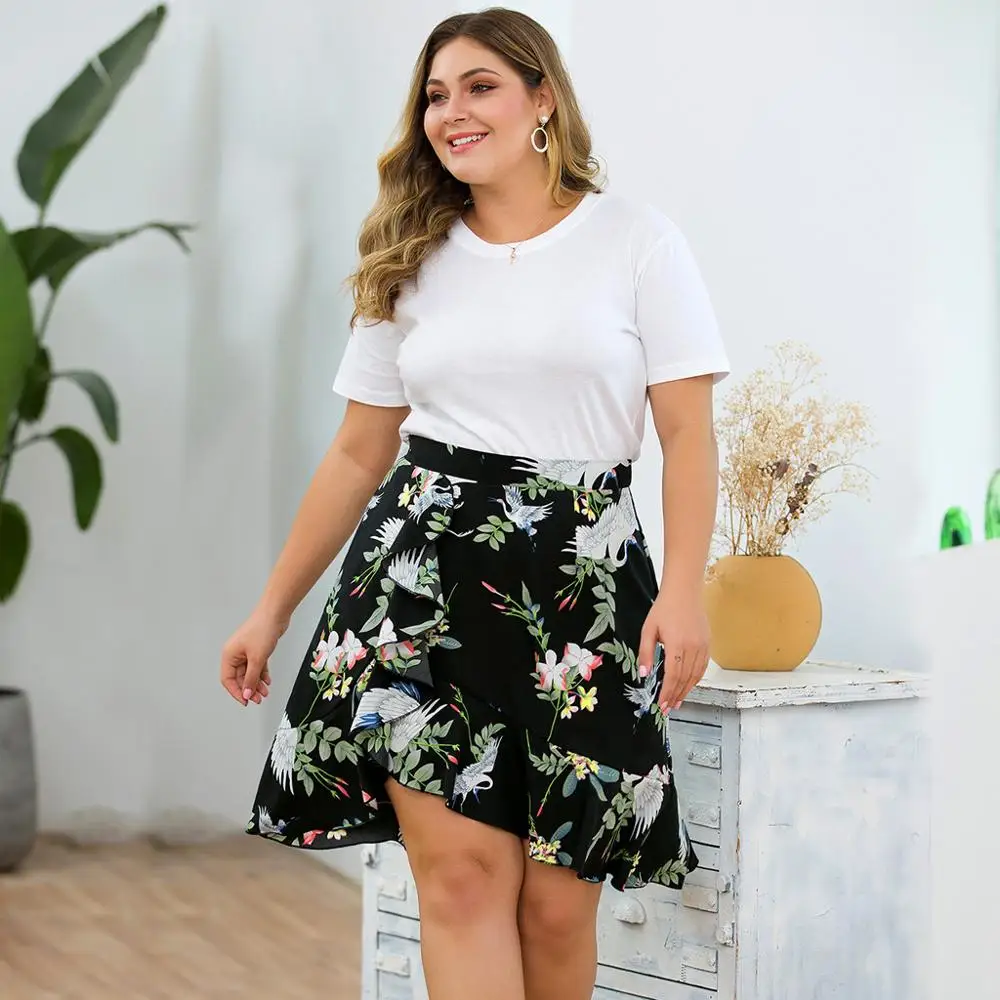 

Floral Printing Mini Skirt Women Casual Plus Size High Waist Ruffled Skirt Split Fishtail Print Half Skirt Hot Selling hot SS3M