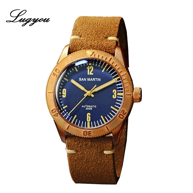 Lugyou San Martin, бронзовые часы для ныряльщиков, автоматический вращающийся ободок, Водонепроницаемость 200 м, сапфировый куполообразный кристалл, ремешок из натуральной кожи - Цвет: Blue SW