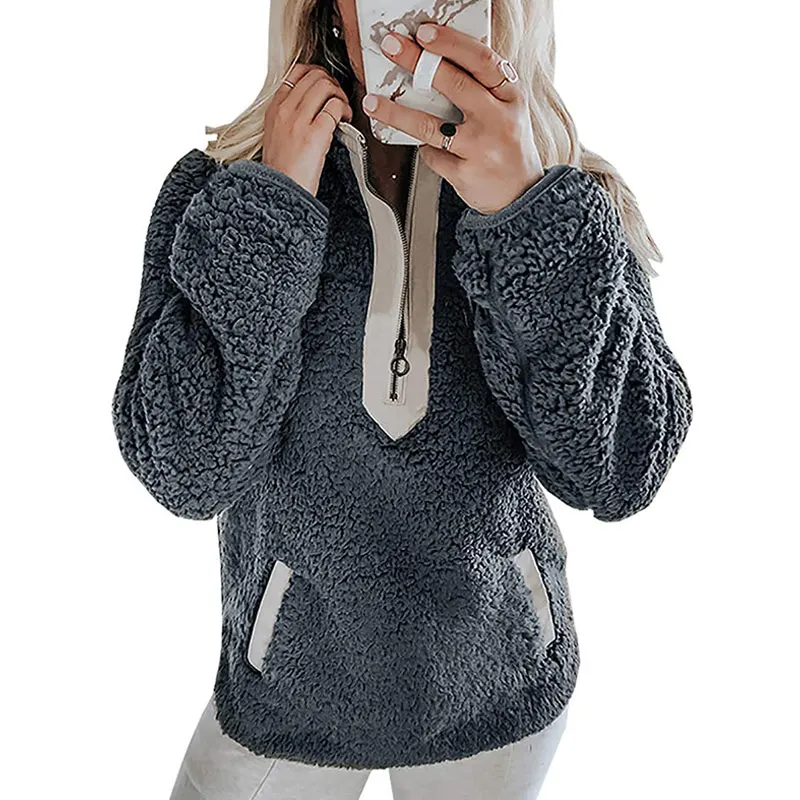 

Women Plush Zipper Sweatshirt Long Sleeve Loose Pullover Outwear with Pockets TH36