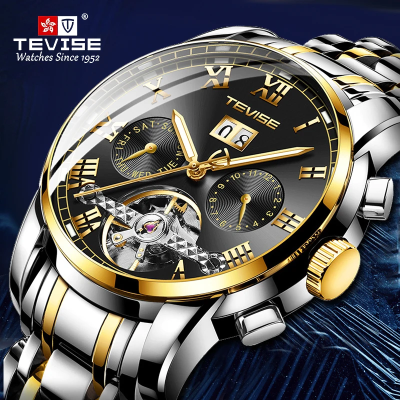

Luxury Brand TEVISE Mens Automatic Watches Golden Stainless steel Tourbillon Mechanical Mens Wristwatch Relogio Masculino