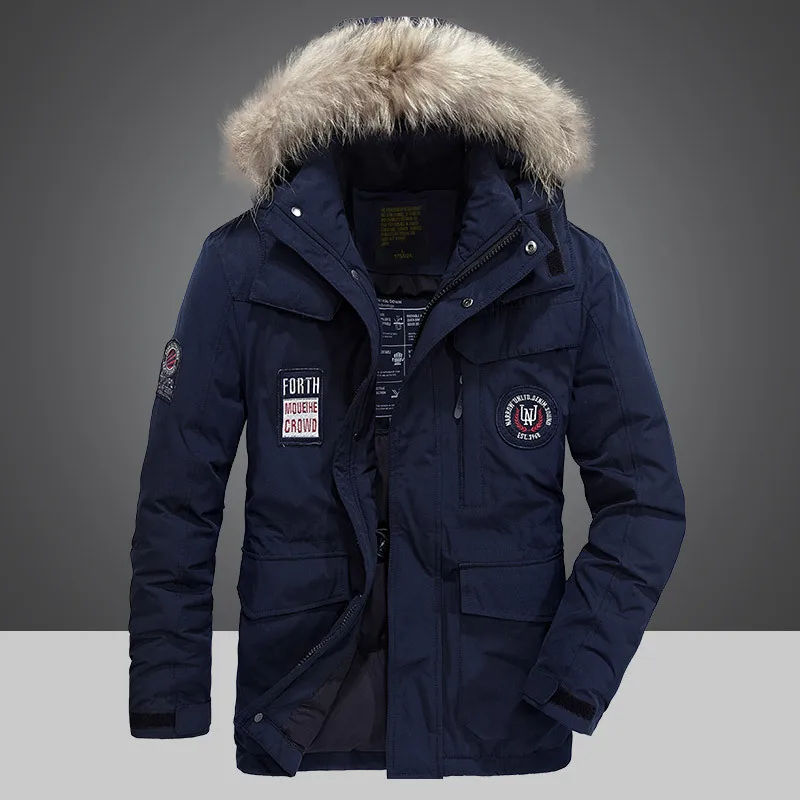2021 Winter Men's Fashion Casual Down Jacket Mid-length Thick White Duck Down Warm Hooded Large Fur Collar Jacket